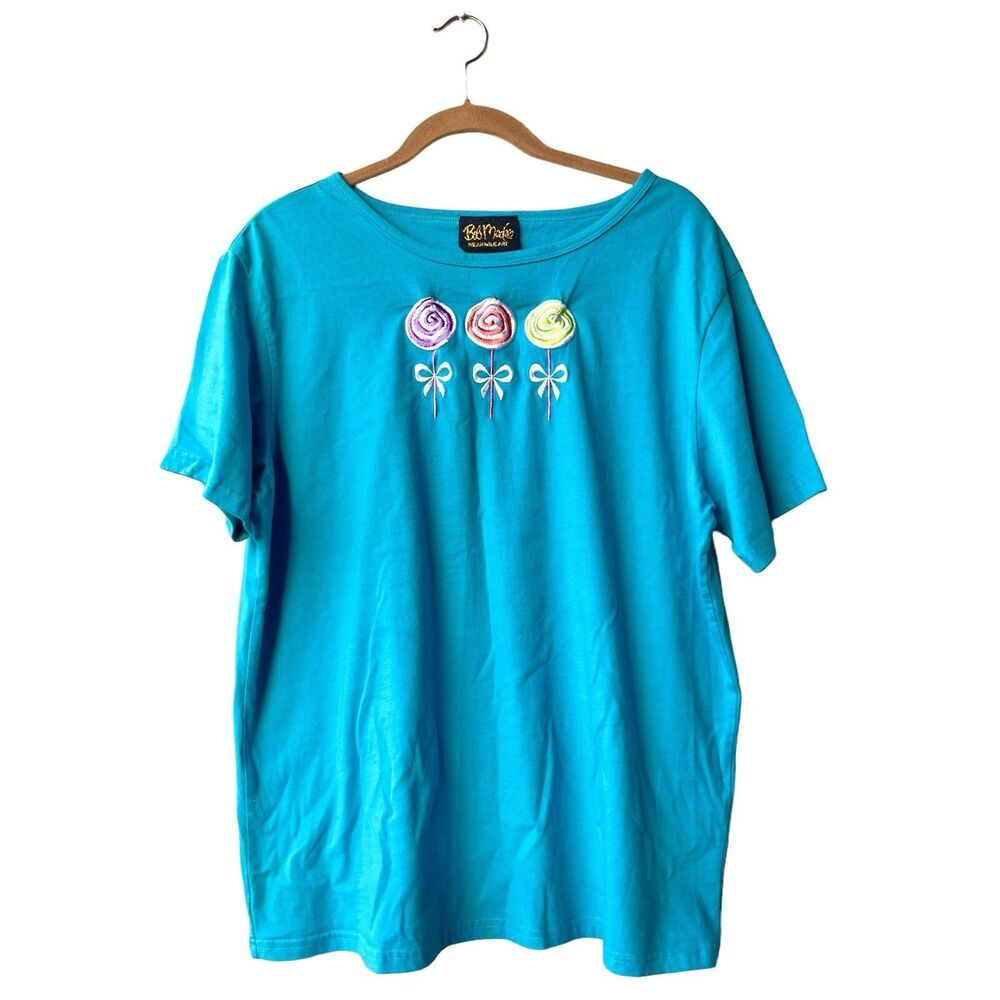 BOB MACKIE Lollipop T-Shirt Women’s Plus 1X Blue Cotton Embroidered Short Sleeve